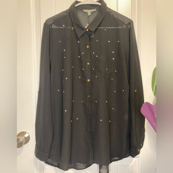 NY Collection sheer shirt with rhinestones, black, size L - Picture 3 of 5